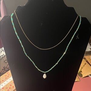 Gold Chain with Turquoise Beaded Necklace and Pearl Pendant/ long gold chain